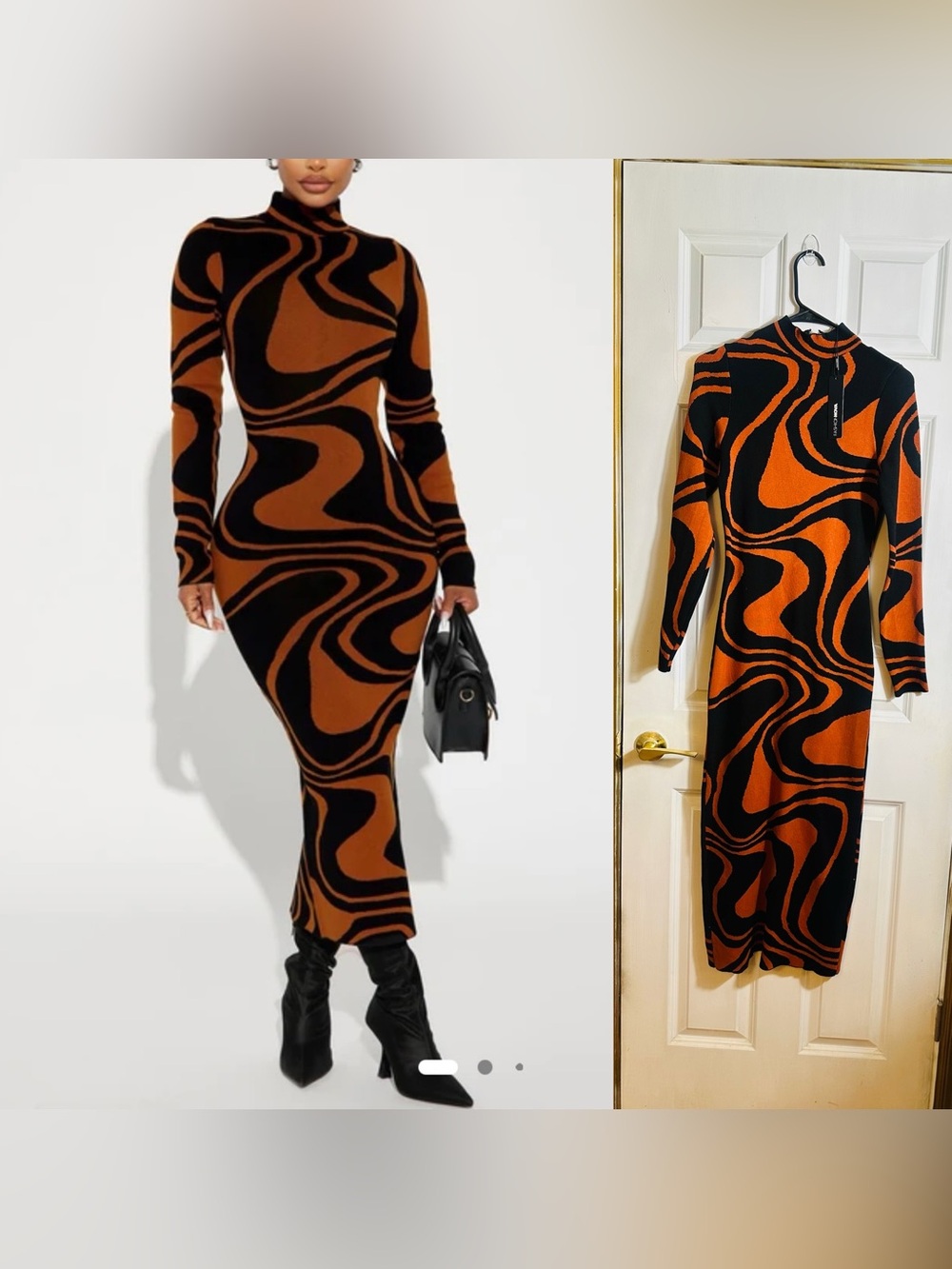Fashion Nova Black & Brown Swirl Long Sleeve Midi Dress